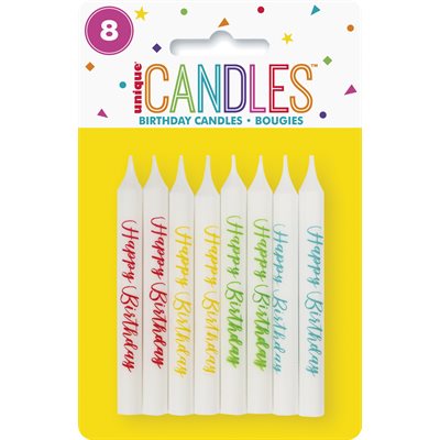 8 white candles printed happy birthday & music notes
