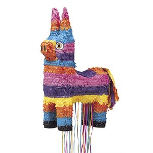 Multicoloured donkey piñata with ribbons