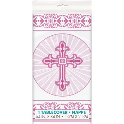 Pink Radiant Cross plastic table cover 54x84in
