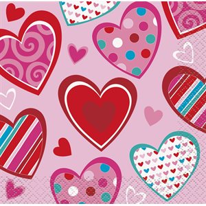 16 serviettes à breuvage rose avec coeurs asst St-Valentin