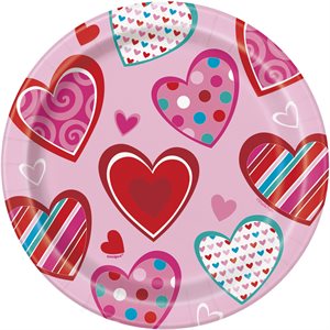 8 assiettes rondes 7po rose avec coeurs asst St-Valentin
