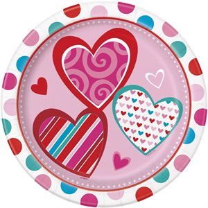 8 assiettes rondes 9po rose avec coeurs asst St-Valentin