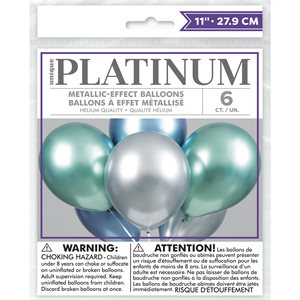 Blue, green & silver chrome latex balloons 11in 6pcs