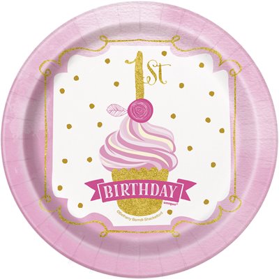 8 assiettes ronde 7po 1re anniversaire rose doré