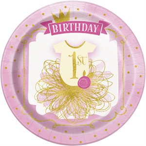 Pink & Gold 1st b-day plates 9in 8pcs