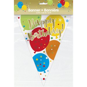 Bannière de fanions 12pi ballons & confettis happy birthday doré