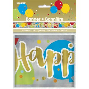Banderole 12pi ballons & confettis happy birthday doré