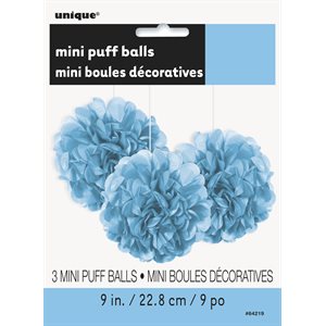 Powder blue mini puff decorations 9in 3pcs