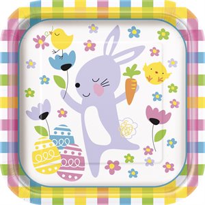 Pastel easter eggs & bunny square plates 9in 8pcs