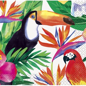 16 serviettes à breuvage feuilles tropicales & toucan