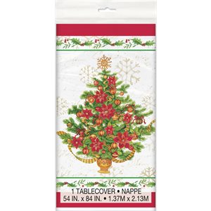 Christmas tree & poinsettia plastic table cover 54x84in