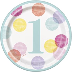 Colourful dots pink 1st b-day plates 7in 8pcs