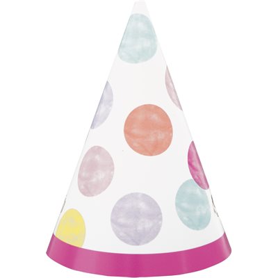 Colourful dots pink 1st b-day mini party hats 8pcs