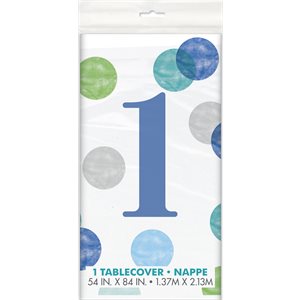 Colourful dots blue 1st b-day plastic table cover 54x84in