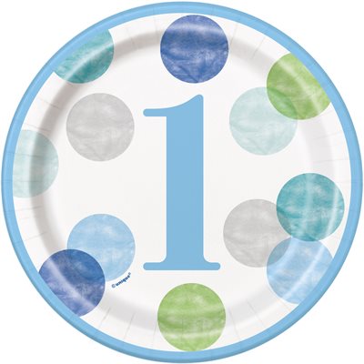 Colourful dots blue 1st b-day plates 7in 8pcs