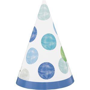 Colourful dots blue 1st b-day mini party hats 8pcs