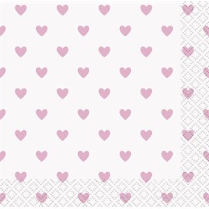 16 serviettes à breuvages shower de bébé coeurs roses