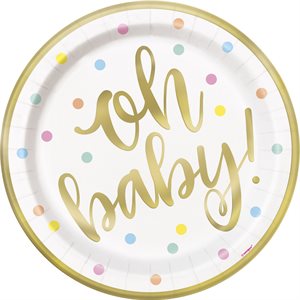Gold "oh baby!" & pastel dots plates 9in 8pcs