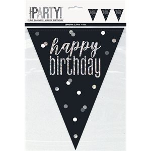 Bannière de fanions 9pi "Happy Birthday" argent & noir