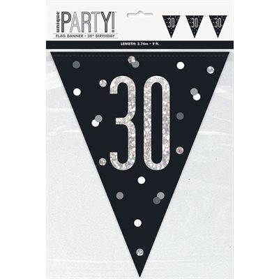 30th b-day silver & black flag banner 9ft