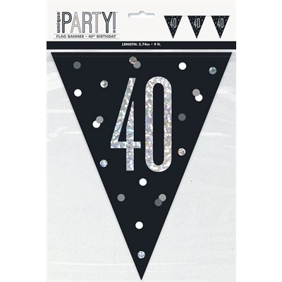 40th b-day silver & black flag banner 9ft