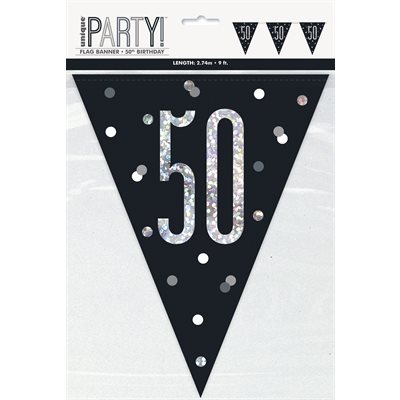 50th b-day silver & black flag banner 9ft