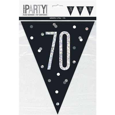 70th b-day silver & black flag banner 9ft