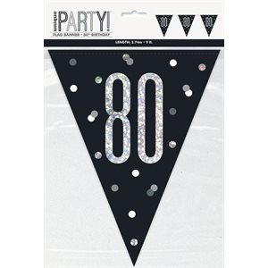 80th b-day silver & black flag banner 9ft