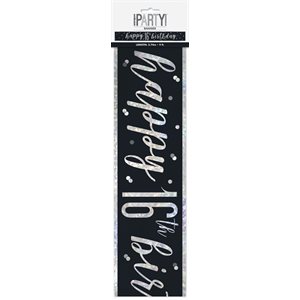 16th b-day silver & black foil banner 9ft