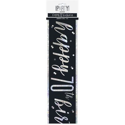 Bannière métallique 9pi "Happy 70th Birthday" argent & noir