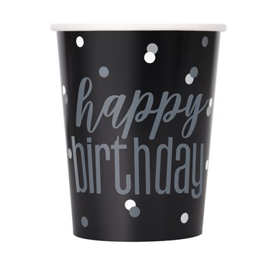 Happy Birthday silver & black cups 9oz 8pcs