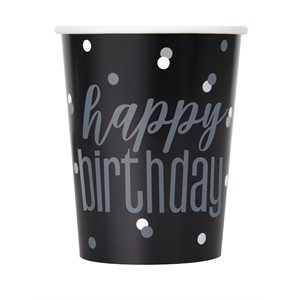 Happy Birthday silver & black cups 9oz 8pcs