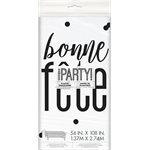 Black printed "Bonne Fête" on clear plastic table cover 54x108in