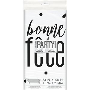 Black printed "Bonne Fête" on clear plastic table cover 54x108in