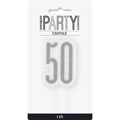 White & glitter silver 50th b-day candle