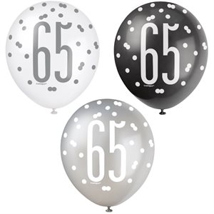 65th b-day silver, white & black latex balloons 12in 6pcs