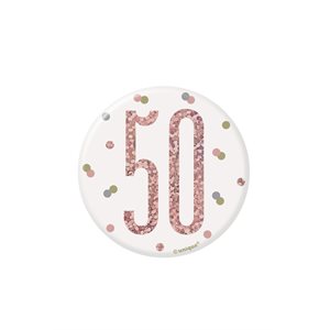 50th b-day white & rose gold badge 3in