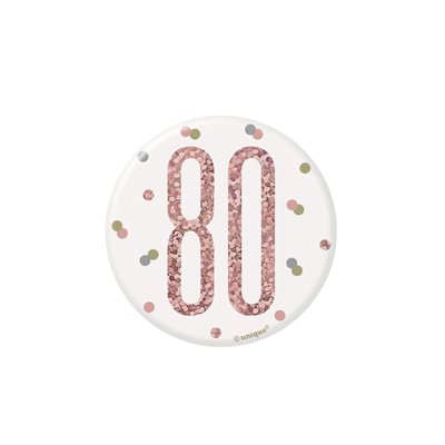 80th b-day white & rose gold badge 3in
