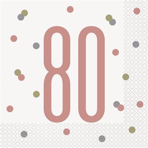 16 serviettes à repas 80 ans rose doré & blanc