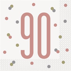 16 serviettes à repas 90 ans rose doré & blanc