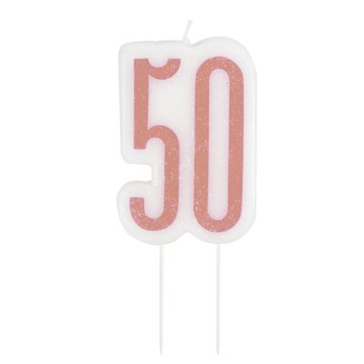 50th b-day glitter rose gold & white candle