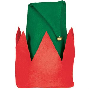 Chapeau de lutin en feutre rouge & vert avec grelot