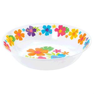 White plastic bowl 13in with hibiscus flowers