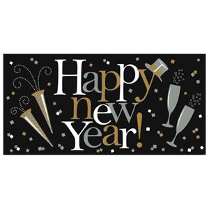 Happy New Year giant banner black, gold & silver