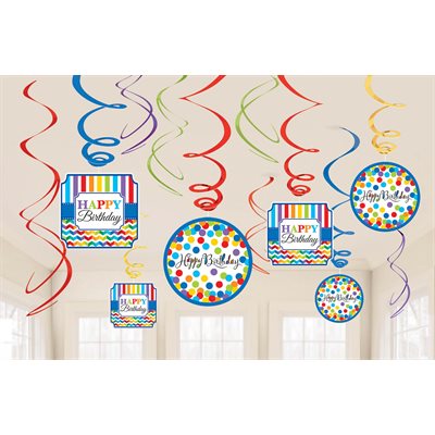 12 décorations en tourbillions happy birthday arc-en-ciel