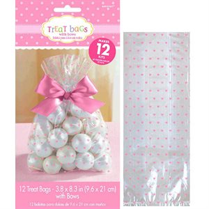 Pink hearts cello treat bags 12pcs with bows