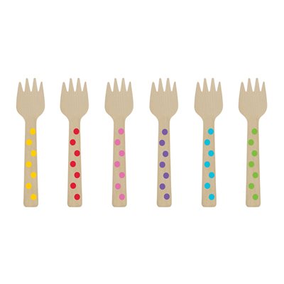 12 fourchettes miniatures en bois à pois arc-en-ciel
