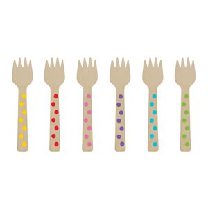 12 fourchettes miniatures en bois à pois arc-en-ciel