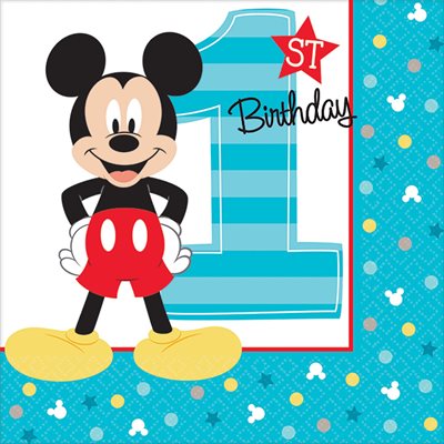 16 serviettes à breuvage Mickey 1re anniversaire