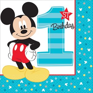 16 serviettes à repas Mickey 1re anniversaire